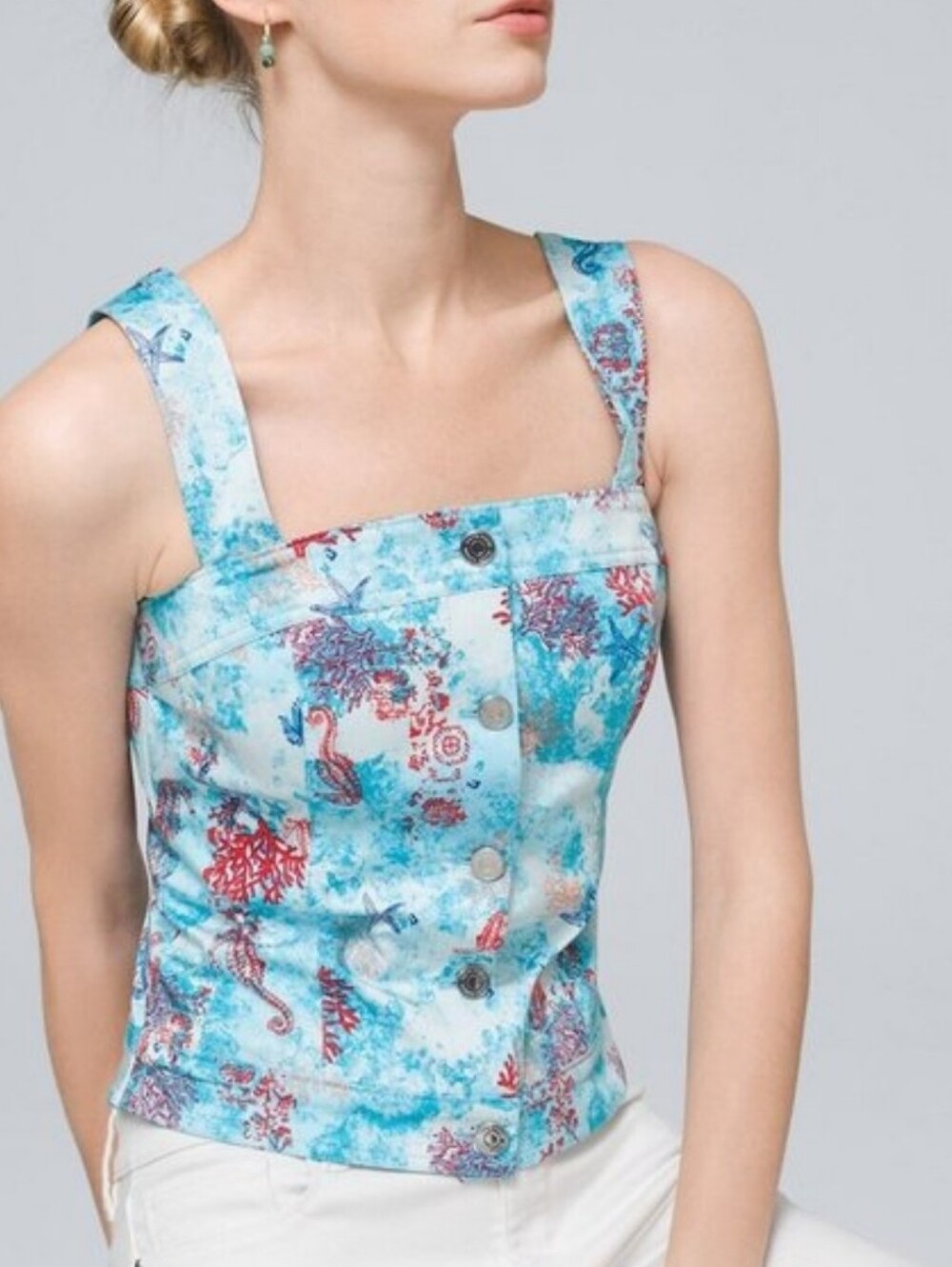 White House Black Market Aqua Seahorse Reef Printed Button-Front Tank Top 8 NWT